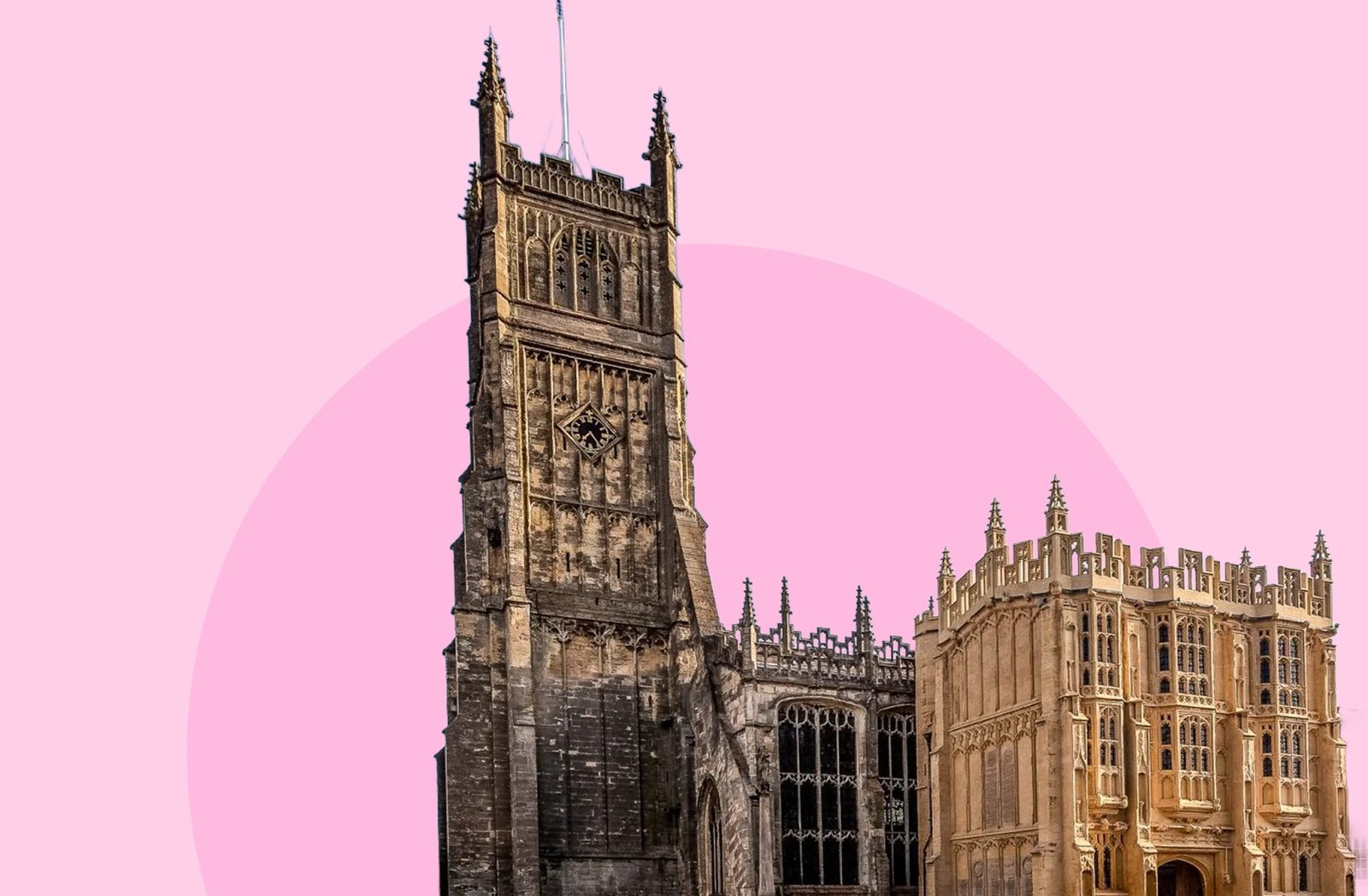 Photograph of the Church of St John the Baptist in Cirencester, a large medieval parish church with a tall tower, shown against a pink background