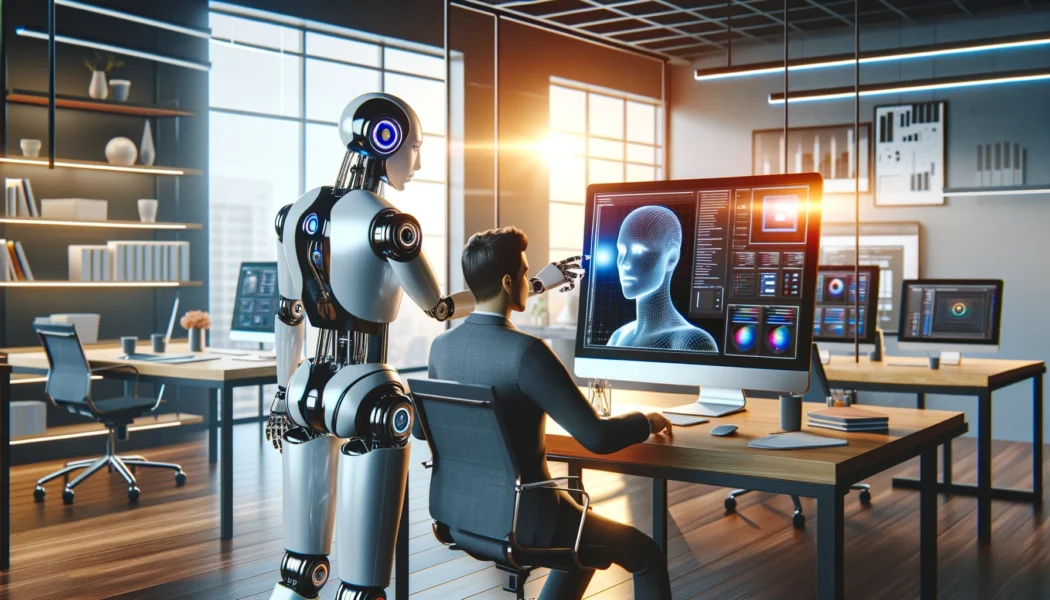 AI and Human Collaboration: An image showing a human figure working alongside a graphical representation of an AI (like a humanoid robot or a digital brain), symbolizing the synergy between human creativity and AI in web design.