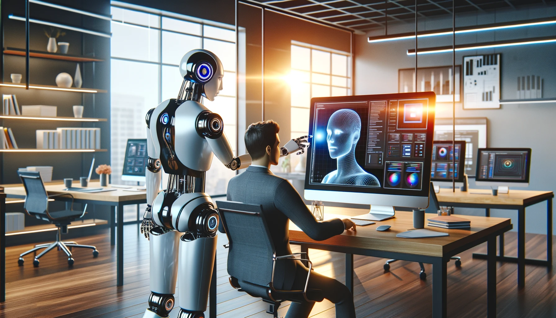 AI and Human Collaboration: An image showing a human figure working alongside a graphical representation of an AI (like a humanoid robot or a digital brain), symbolizing the synergy between human creativity and AI in web design.