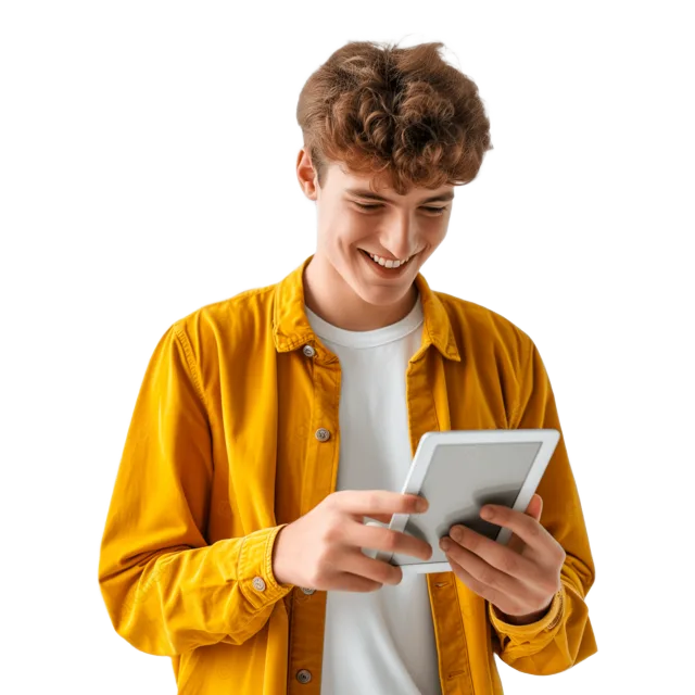 Happy Young Man Using Ipad, in organge top with ginger hair.